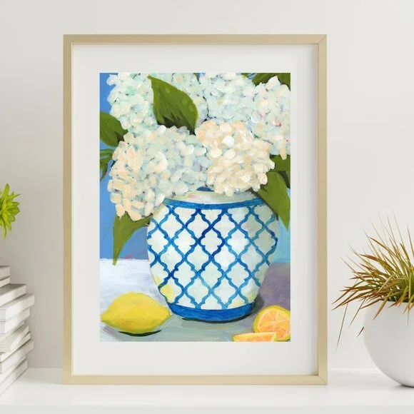 Farmhouse Style Hydrangea Painting White & Blue Vase Floral Decor Fashion Art - Picture 3 of 9